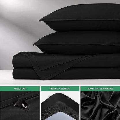 Pure Bamboo Split King Sheets, Genuine 100% Organic Viscose Derived from Bamboo Bed Sheet Set, Soft & Cooling, Double Stitching, 2 Fitted Sheets (Split King, Black)