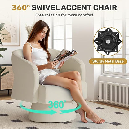 Swivel Accent Chair, Modern Comfy Chenille Barrel Chairs, Oversized Upholstered Round Arm Chair for Living Room, Bedroom, Reading Room, Beige, 1 PCS