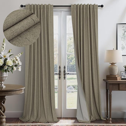 Dark Taupe Neutral Blackout Curtains 96 Inch Long 2 Panel Insulated Sliding Door Curtain UV Heat Blocking Drape for Living Room Bedroom Linen Cloth Canvas Burlap Primitive Decor Back Tab 52x96 Length