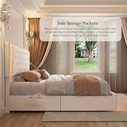 Queen LED Bed Frame with 2 Drawers, Storage Platform Beds with Upholstered Crystal Button Tufted Headboard Footboard, 2 Side Pockets, No Box Spring Needed, Velvet Cream