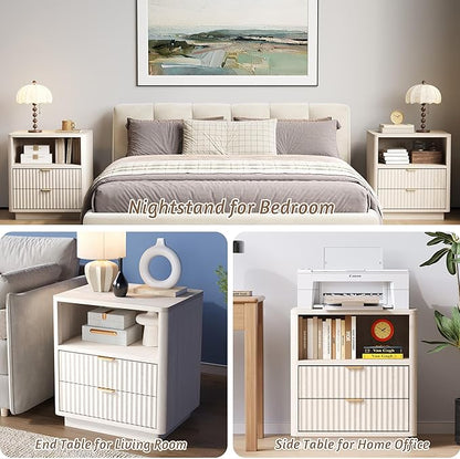 Fluted Nightstands Set of 2 - Nightstand with 2 Drawers & Open Shelves, 22" Wide Large Bedside Stand Modern Storage Wooden Side Tables for Bedroom (Oak White)