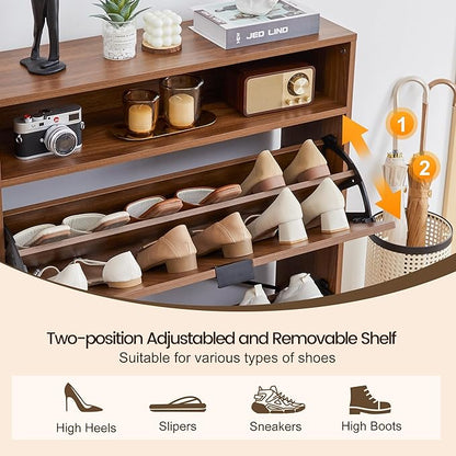 47" Fluted Large Shoe Cabinet with 4 Flip Drawers, Slim Freestanding Shoe Cabinet Organizer, Narrow Shoes Storage Rack for Entryway, 5 Sturdy Legs (All Walnut-2 drawers, 9.45"D x 31.5"W x 41.93"H)