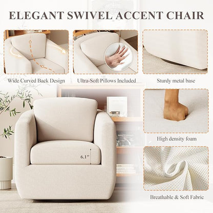 360° Swivel Accent Chair Set of 2 with Pillow - Comfy Living Room Armchair No-Sag Foam & Sturdy Metal Base, Fully Assembled Swivel Accent Single Sofa for Bedroom Living Room, Office, Beige