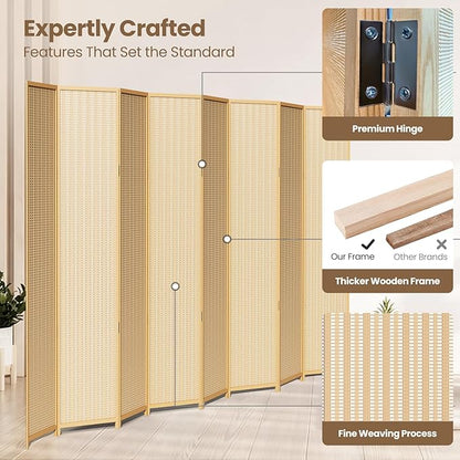8 Panel Room Divider and Extra Wide Folding Privacy Screen, 126" W x 67" H, Bamboo Room Divider for Room Separation