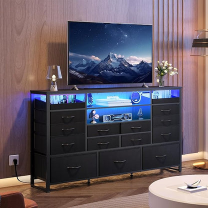 WLIVE Black TV Stand for 55, 60, 65 inch TV, Entertainment Center with LED Lights & Charging Station, TV Media Console Table with 15 Fabric Drawers and Open Shelves for Living Room, Hallway, Wood Topm