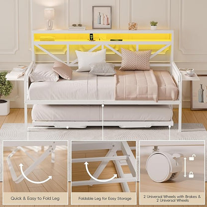 Daybed with Trundle, Heavy Duty Metal Twin Bed Frame with LED Lights & 2-Tier Storage Shelves, Sofa Day Bed with Charging Station & Tabletop for Living Room, Bedroom, Guest Room (White)