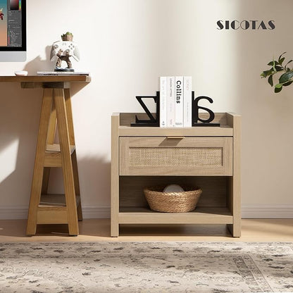 SICOTAS Rattan Nightstand End Table - Boho Night Stand Bedside Table with Type-C Charging Station, Wicker Decor Drawer Storage Cabinet Night Stand for Bedroom - Light Oak