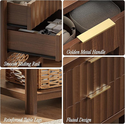 Huuger 27.6 Inch Tall Night Stands with Charger Station, USB-C Port, Fluted Nightstand Set of 2, Larger Wider Bed Side Table with 2 Deep Drawers, Open Shelf, Bedroom Living Room End Table, Walnut