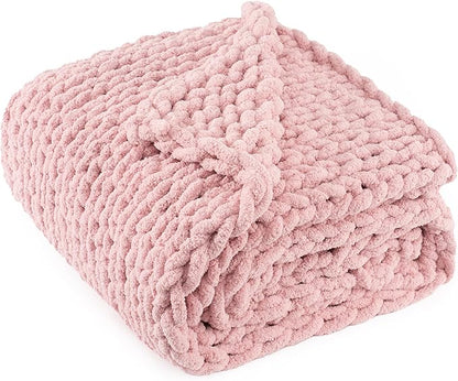 Chunky Knit Throw Blanket 60"X 80", 100% Handmade with Soft Chenille Yarn, 4.4lbs Thick Cable Knitted Blankets, Large Rope Knot Crochet Throws for Couch Sofa Bed Home Decor, Dusty Pink
