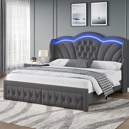 Keyluv Full Bed Frame with LED Lights and 2 Storage Drawers, Velvet Upholstered Platform with 47" Tall Arc-Shaped Wingback Headboard and Button Tufted Design, No Box Spring Needed, Noise-Free, Gray