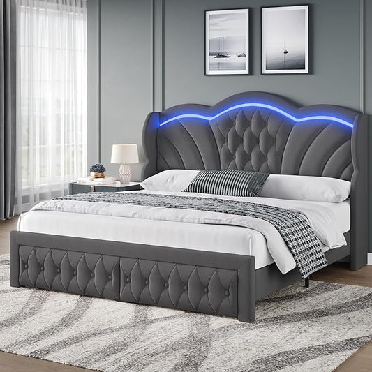 Keyluv Full Bed Frame with LED Lights and 2 Storage Drawers, Velvet Upholstered Platform with 47" Tall Arc-Shaped Wingback Headboard and Button Tufted Design, No Box Spring Needed, Noise-Free, Gray