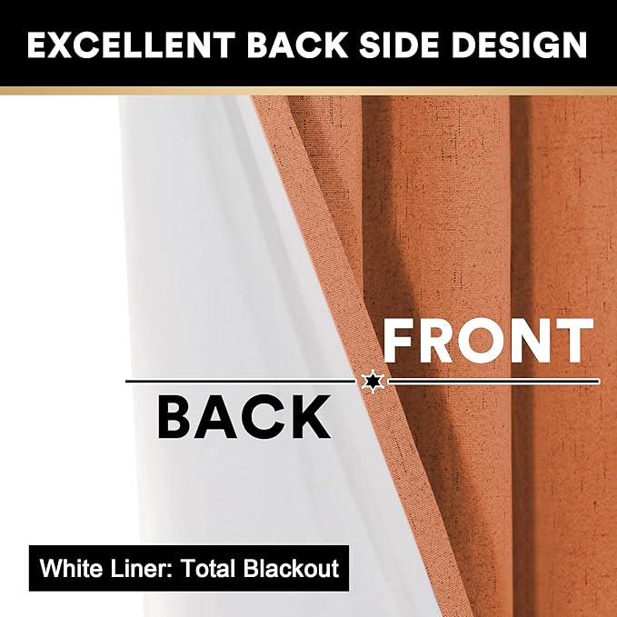 PrinceDeco 100% Absolutely Blackout Linen Curtains with Thermal Insulated White Liner Extra Long Curtains for Living Room Bedroom Noise Reducing Window Treatments Drapes,Set of 2,52 x 108 Inch,Orange