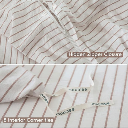 MooMee Striped Duvet Cover Set 100% Washed Cotton Linen Like Textured Breathable Durable Soft Comfy (White Orange Wide Stripes, Oversized Queen 98"x98")