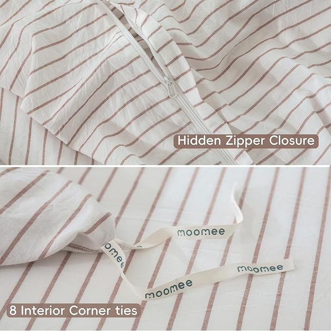 MooMee Striped Duvet Cover Set 100% Washed Cotton Linen Like Textured Breathable Durable Soft Comfy (White Orange Wide Stripes, King 104"x90")