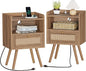 SUPERJARE Nightstands Set of 2, Night Stands with Charging Station & PE Rattan Decor Drawer, Bed Side Tables with Solid Wood Feet, End Table, for Bedroom, Living Room, Walnut