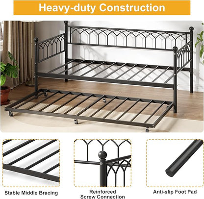 GarveeHome Twin Size Daybed, Sofa Bed Frame with Metal Steel Slat Support, Heavy Duty Metal Bed Frame, Space Saving, Easy Assembly, for Small Spaces, Living Room, Bedroom, Apartment, Black