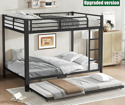 Upgraded & Stronger Heavy Duty Metal Full Over Full Bunk Bed with Trundle for Adults & Teens, Thickened More Stable Safer Bunkbeds (Greater Weight Capacity)