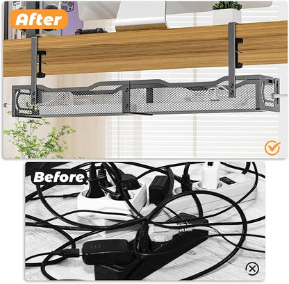 Under Desk Cable Management Tray, No Drill Steel Desk Cable Organizers, Wire Management Tray Cable Management Rack (24.4" Length-Black)