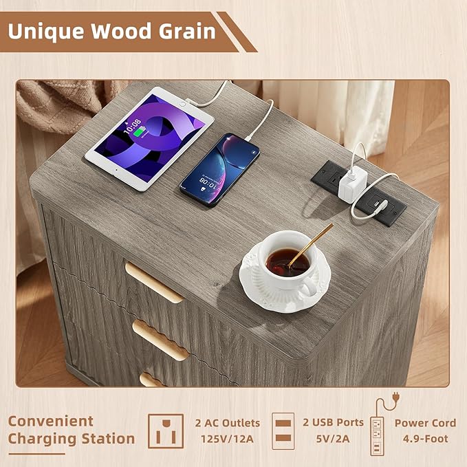 LEYAOYAO 48" Wide Fluted Dresser and 3 Drawers 23" Nightstand Set of 2, Wooden Dresser & Night Stand with Charging Station, 3 Piece Bedroom Furniture Set, Chest of Drawer for Living Room,Grey