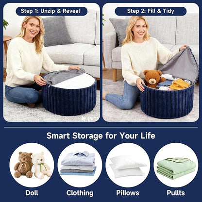 Tiita Round Stuffed Pouf Ottoman, Stripe Faux Fur Poufs with Foam Chunk Filling, Furry and Fluffy Pouf 21×21×12 inch Foot Stool Storage Ottoman,Puff Office Foot Rest for Couch Living Room, Navy Blue