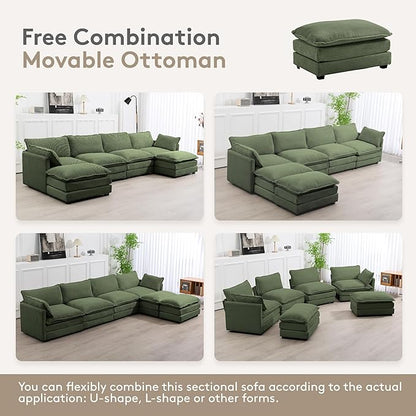 ROWHY 148'' Sectional Cloud Couch with 2 Ottomans, Oversized 4 Seat Sleeper Sofa with 2 Throw Pillows, Convertible Upholstered U Shaped Cozy Sofa Furniture Set for Living Room and Office, Green