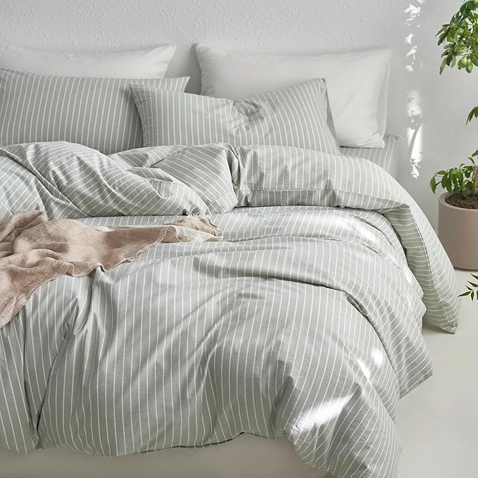 MooMee Striped Duvet Cover Set 100% Washed Cotton Linen Like Textured Breathable Durable Soft Comfy (Sage Green White Wide Stripes, Alaska King 132"x120")