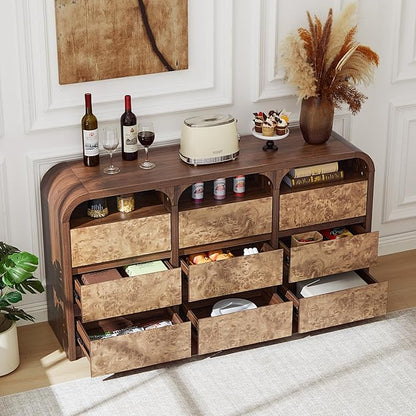 9 Drawer Dresser for Bedroom, Modern Chest of Drawers with Open Shelf, Burl Wood Long Storage Dressers for Closet, Living Room, Hallway (Walnut)