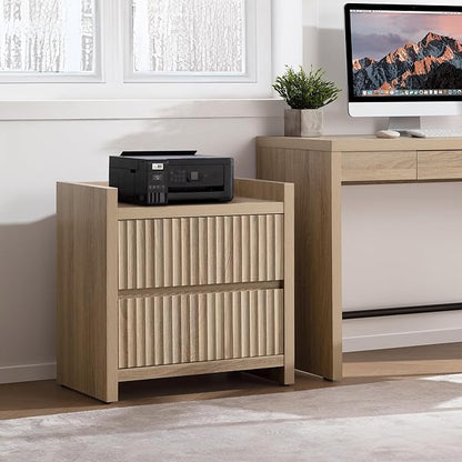 SICOTAS Night Stand Fluted Nightstands with Charging Station- Modern 2 Drawers Nightstand 25" Tall Bedside Table End Table, Large Night Stands for Bedroom, Living Room Sofa Side (Light Oak, 1 Piece)
