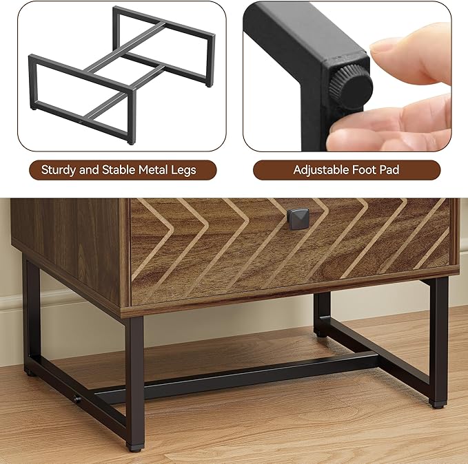 Modern Nightstand with Two Storable Drawers,Sturdy Bedside Table Space-Saving Night Stand with Black Metal Legs for Bedroom,Walnut
