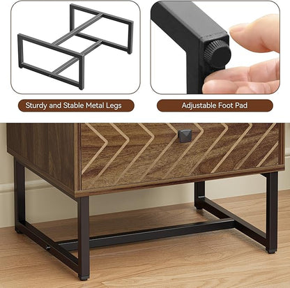Modern Nightstand with Two Storable Drawers,Sturdy Bedside Table Space-Saving Night Stand with Black Metal Legs for Bedroom,Walnut