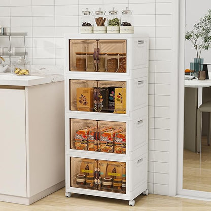 Storage Bins with Lids and Wheels, 180QT-45QT*4Tier Collapsible Bathroom Storage Cabinet with Clear Doors, Plastic Stackable Closet Organizers and Containers White
