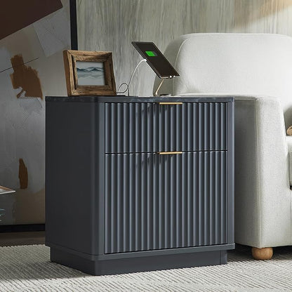 T4TREAM 23'' Fluted Nightstand with Charging Station, Large 2 Drawer Bedside Table, Modern End Table with Storage, Mid Century Night Stand for Bedroom, Living Room, Curved Profile, Dark Grey