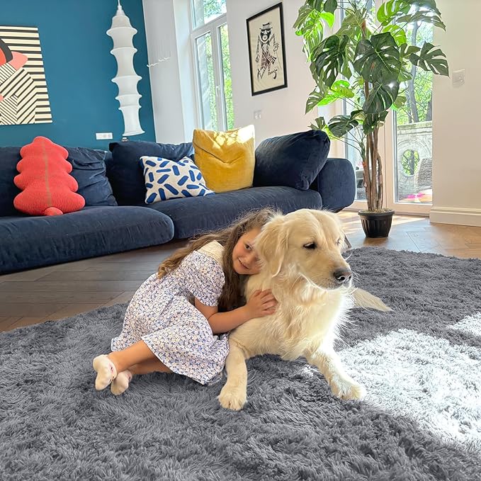 OLANLY 6x9 Machine Washable Large Area Rugs for Living Room, Bedroom, Soft Fluffy Shaggy Bedside Rug, Indoor Floor Carpet for Kids Girls and Boys, Dorms, Nursery, Home Decor Aesthetic, Light Grey