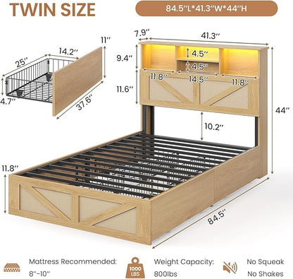 VIAGDO Rattan Bed Frame Twin Size with Bookcase Storage Headboard, Charging Station and LED Lights, Wooden Twin Bed Frames with 4 Drawers, Barn Door Design, No Box Spring Needed, No Noise, Natural