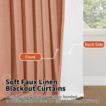 Linen Blackout Curtains 90 Inch Long, Terracotta Extra Long Curtains for Bedroom Living Room Modern Farmhouse, Thermal Light Blocking Faux Linen Energy Save Drapes Each 52x90 Inch 2 Panels