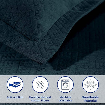 Superior 100% Cotton Basket Weave Bedspread with Shams, All-Season Premium Cotton Matelasse Jacquard Bedding, Quilted-Look Geometric Basket, Twin, Deep Sea