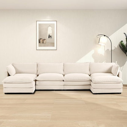 ROWHY 148'' Sectional Cloud Couch with 2 Ottomans, Oversized 4 Seat Sleeper Sofa with 2 Throw Pillows, Convertible Upholstered U Shaped Cozy Sofa Furniture Set for Living Room and Office, Beige