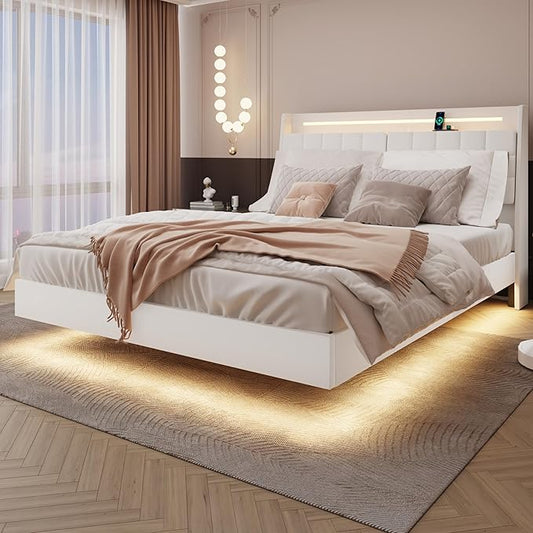 Queen Size Floating Bed Frame with LED Lights & USB Charging Ports, Upholstered Platform Bed with Storage Headboard & Hidden Shelves, Modern Floating Design for Bedroom or Guest Room, Beige
