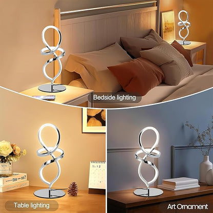 Mayful Modern Lamp with LED Spiral Design, Bedside Lamp with Stepless Dimming Switch, Contemporary Nightstand & Chrome Table Lamp for Bedroom, Living Room, Home Office, 12W 3200K Warm White,2 Pack