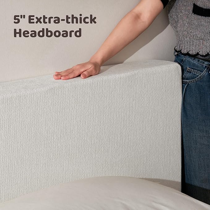 RECCI Cloud Upholstered Queen Bed Frame with Headboard, 5 Inch Foam Padded Platform, No Box Spring, Easy Assembly (Snow White)