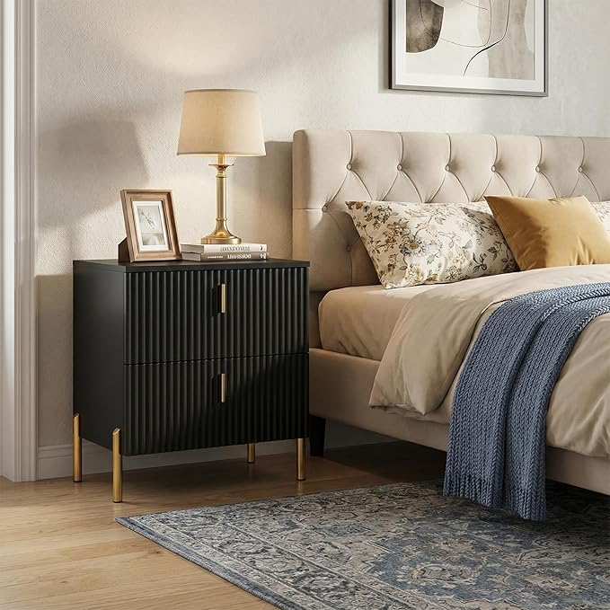Luxury Fluted Night Stand, Nightstand with 2 Drawers, Modern Bedside Table with Golden Legs and Handles, End Tables for Living Room Bedroom, Black