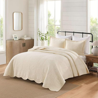 MarCielo 100% Cotton Quilt Set Lightweight Bedspread with Scalloped Edge, Farmhouse Vintage Bedding, All Season Use(Tu Beige,King (112"x102"))