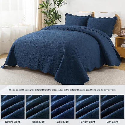 HoneiLife Quilt Sets King Size - Microfiber Bedspreads for King Bed, 3-Piece Lightweight Coverlets, Retro Bedlinen Sets, King Quilt Bedding Set All Season Use-Navy