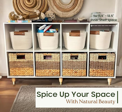11 Inch Cube Storage Bins, Wicker Storage Baskets for Cube Shelf, Natural Foldable Square Baskets for Storage, Large Woven Storage Bin with Handle, Baskets for Pantry, Living Room Set of 4