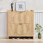 Narrow Shoe Cabinet with 2 Flip Drawers for Entryway,Wood Slim Shoe Rack Cabinet, Freestanding Hidden Shoe Storage Organizer, Space-Saving, Round Fluted Pattern for Hallway, Living Room (Natural)