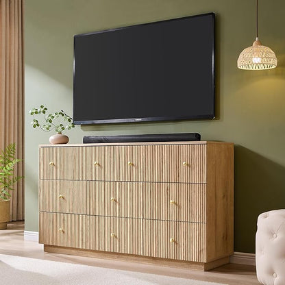 Fluted Dresser for Bedroom, 55" W 8 Drawer Dressers, Wood Tall Dresser Storage Organizer, Modern Bedroom Chest of Drawers with Deep Storage for Closet Hallway, Entryway, Living Room Natural