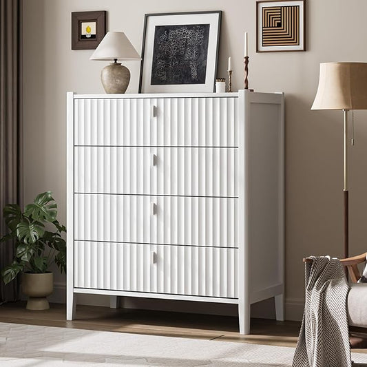 White 4 Drawer Dresser, Modern Chest of Drawers for Bedroom, Wood Fluted Dresser Organizer with Deep Drawers for Clothes, Nightstand for Bedroom, Hallway, Living Room, Entryway
