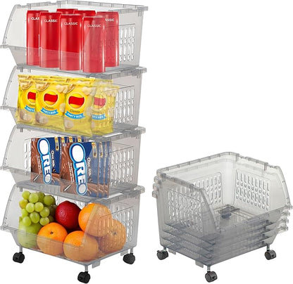 TidyFriend Plastic Stackable Bins - 4 Pack Large Stacking Bins Open Front For Toy Organizers and Storage, Pantry, Kitchen, and Bathroom Essentials (Light Grey)