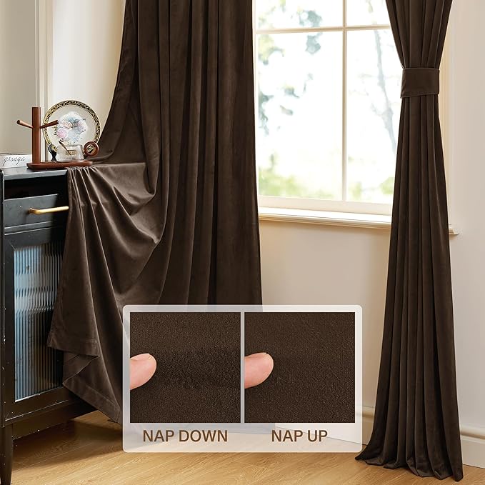 StangH 90 inch Length Brown Curtains Light Blocking Velvet Window Drapes for Dining Room, Farmhouse Rod Pocket Thermal Insulated Panels for Bedroom, W52 x L90, 2 Panels