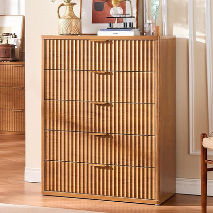 LEYAOYAO Fluted 5 Drawers Dresser for Bedroom, 41" Tall Modern Chest of Drawers with Metal Handle, Curved Profile Farmhouse Closet Organizer Wood Dressers TV Stand for Living Room, Hallway, Navy Blue